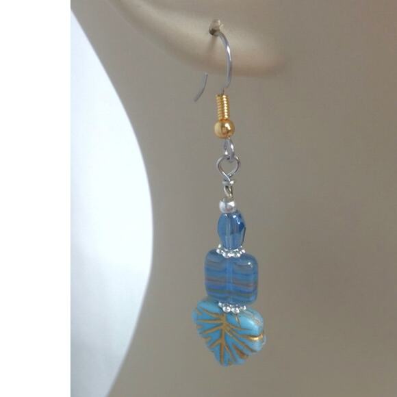 Artisan Blue Fall Glass Earrings Dangle Autumnal Silver Tone Accents Beaded NEW - Picture 2 of 10